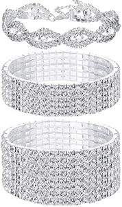 JeryWe 3 PCS Pulseras elásticas de Diamantes de imitación para Las Mujeres Juego de Pulseras de Tenis para Boda Plata