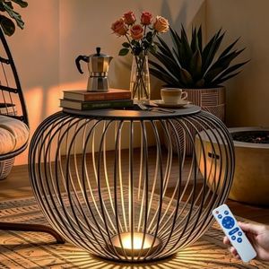 MIUWLXT LED Outdoor Side Table, 26 Inch Large Hollow Metal Garden End Table, Top Solar Panel for Solar Charging, Bottom Glowing LED Light, Heavy Duty 2-in-1 Stool for Courtyard Backyard Villa