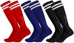 Invalidism 3 Pairs Kids Football Socks, Childrens Football Socks Kids Breathable Soccer Sock Long Football Socks for Sporting Running Training Socks for Children Aged 5-12(Blue+Black+Red)