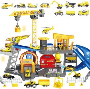 Frontoytall Construction Vehicles Track Set with Excavator, Dump Truck, Cement Truck, Wheel Loader & Rotating Crane, Interactive STEM Building Toy for Kids Ages 3-12 (ASTM Certified)