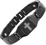 Willis Judd New Mens Black Titanium Magnetic Christian Cross Bracelet with Black Carbon Fiber Insets in Black Velvet Gift Box + Free Link Removal Tool