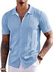 COOFANDY Men's Knit Shirts Short Sleeve Button Down Polo Shirt Fashion Casual Summer Beach Shirts, Light Blue, Large