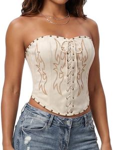 UpFind Embroidered Beige Corset Tops for Women Suede Western Cowgirl Strapless Crop Tops Studded Lace Up Tube Top with Zipper Sexy Festival Outfits, L