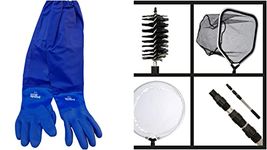Koi Pond Cleaning Maintenance Care Kit, 4-in-1 Net Set Includes String Algae Scrubbing Brush, Skimming Net & Fish Catching Net with 6 FT Telescopic Pole and Full Arm Pond Gloves