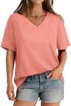 V Neck Tunic Tops for Women Oversiezd T Shirts Summer Tops Short Sleeve Shirt Plain Tshirts Plus Size Coral