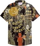 Arvilhill Men's Halloween Shirt Castle Button Up Shirt Holiday Party Witch Skull Short Sleeve Shirt XXL