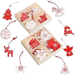 Belle Vous Adornos de Navidad de Madera para Colgar Estilo Nórdico (Pack de 32) Decoracion Navidad 8 Piezas Tradicionales Vintage – Reno, Campana, Bola, Ángel, Árbol y Estrella – Rojo y Blanco