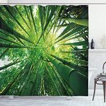 Ambesonne Asian Jungle Shower Curtain, Chill Aura Photography of Japanese Woodland with Leaves Print Boho Theme, Cloth Fabric Bathroom Decor Set with Hooks, 69" W x 75" L, Hunter Green