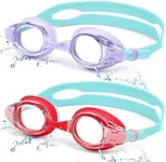 Aegend 2 Pack Kids Goggles, Swimming Goggles for Kids Age 4-16 Boys and Girls Youth, Anti-Fog Pool Goggles, Light Purple & Red