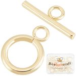 Beebeecraft 15 Sets 18K Gold Plated Toggle Jewelry Clasps Connectors Round Ring Toggle T Bar Clasps Sets for Necklace Bracelet Earring Making, 18x13mm