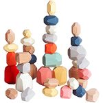 36 PCS Stacking Rocks, Wooden Building Blocks Set, Colored Wooden Sorting Stacking Balancing Stone Toy, Large Small Building Blocks Game Stones Lightweight Puzzle Set for Kids 3 Years Old