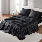 Madison Park Essentials Satin Sheet Set Luxury and Silky with Natural Sheen, Elastic 14" Pocket fits up to 16" Mattress, All Around Elastic - Year-Round Bedding, Full, Black, 6 Piece