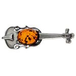 Genuine Cognac Baltic Amber & 925 Sterling Silver Violin Brooch - 4106