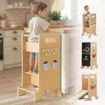 FlyingBoom Toddler Tower 4-in-1 Multifunctional Kitchen Stool Helper with Removable Safety Board, Adjustable Heights, Slide, Highchair, Chalkboard, Montessori Games