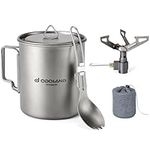 Odoland 750ML Titanium Mugs, 1900W Ultra Light Titanium Mini Stove, Camping Coffee Cup with Lid and Spork, Foldable Handle for Camping, Hiking, Traveling and Backpacking