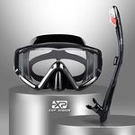 Dry Snorkel Set, Pano 3 Window Snorkel Mask, Anti-Fog Scuba Diving Goggles and Snorkel, Professional Adult Snorkeling Swim Mask Gear (Black Set)