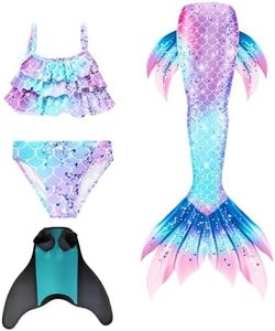 Mermaid Tail and Monofin Swimming for Girls Kids Swimsuit Bikini Novelty Costume Sets for 6-12 Year 4Pcs Blue Pink BP150
