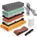 Meff-Mluk Knife Sharpening Stone Kit 400/1000/3000/8000 Grit Whetstone Knife Sharpener Set with Non-Slip Bamboo Base, Flattening Stone, Angle Guide, Stone Fixer, Cut Resistant Gloves, Leather Strop