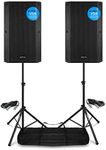 Pair of Active PA Speakers Bi-Amplified 15 Inch 2000w Two-Way VSA15 DJ Sound System with Stands