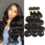 Brazilian Virgin Body Wave Human Hair Bundles 100% Unprocessed Body Wave Human Hair 3 Bundles Natural Black Color (12 14 16Inch, 3bundles)