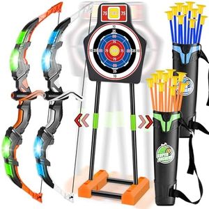 2 Pack Bow and Arrow Set with Moving Standing Target& 2 Colors 20 Suction Cup Arrows, Light Up Archery Toys for Kids Age 4-12 Years Old Boys Girls Indoor and Outdoor, Birthday Gifts Christmas Ideas
