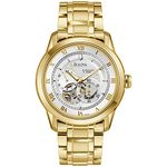 Bulova Men's Classic Sutton 4-Hand Automatic Watch, 24-Hour Sub Dial, Open Aperture, Self-Winding, Exhibition Caseback, Double Curved Mineral Crystal, Luminous Hands, 42mm, Gold Tone, Classic