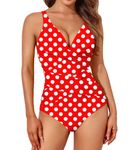 Smismivo Tummy Control Swimsuits for Women Slimming One Piece Bathing Suit Retro Ruched Push Up Vintage Padded Swimwear Red Polka Dot X-Large