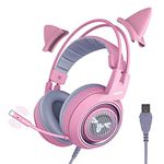 SOMiC Pink Cat Gaming Headset with Virtual 7.1 and LED Light, Surround Sound, Headset with Noise Cancelling Mic for Computer, PS4, Laptop to Girls, Woman (USB Plug)