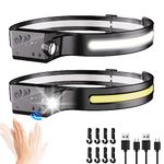 Headlamp Rechargeable Headlight for Adults 2 Pack, FURNIOU Head Lamp 230°Wide Beam Rechargeable Headlights for Head, Motion Sensor, Adjustable Headband Flashlight for Camping, Hiking,Fishing (Black)