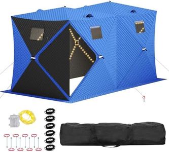 GarveeLife Pop Up Ice Fishing Shelter Tent with 49ft LED Light Strip, Windproof Portable Hub Design, Fits 5-7 People, 69 sq ft Fishable Area, Blue+Black