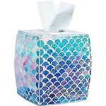 WHOLE HOUSEWARES | Mosaic Glass Tissue Holder | Tissues Cube Box Holder | Decorative Tissue Cover | Bathroom Accessory | Square Box Glass Tissue Case (Mermaid)