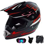 Motocross Helmet, 4Pcs Set Helmet, Adult Sun Visor Motorcycle Helmet, for Dirt Bike, Mountain Bike(with Windproof Mask, Goggles, Gloves) (Crimson)