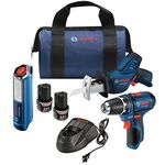 Bosch Power Tools Combo Set - GXL12V-310B22 – 12-Volt 3-Tool Combo Kit – Pocket Reciprocating Saw PS60, Drill PS31, LED Worklight GLI12V-300 For Maintenance Repair, Electrician, Contractor, Home Owner