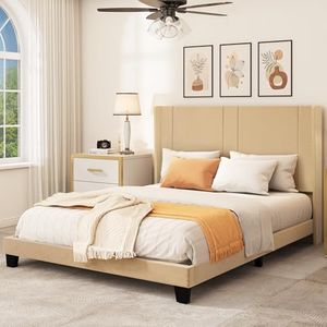 YITAHOME Queen Size Upholstered Bed Frame, Platform Bed Base with Beige Velvet Headboard and Wingback, Strong Wood Slats Support Mattress Foundation, No Box Spring Needed, Beige