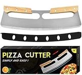 UIRIO 14 Inch Stainless Steel Pizza Cutter Rocker - Dishwasher Safe Protective Blade Cover - Non-Stick Mezzaluna Knife Slicer - Kitchen Tool Pizza Accessories Pie Cutting - Wooden Handle for Chopping