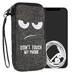 kwmobile Felt Phone Pouch Size L - 6.5" - Zippered Universal Bag with Zipper and Embroidered Design - Don't Touch My Phone White/Dark Grey