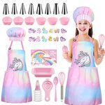 Gemeer 34 Pcs Kids Cooking and Baking Set ,Including Pink Unicorn Apron for 8-12 Years Old Girl Chef Role Play