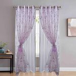 GD Home Fabric 2 in 1 Embroidery Transparent Polyester Floral Long Door Curtain with 80% Blackout Curtain, Set of 2(9 Feet, Pink Embroidery + White Blackout)…