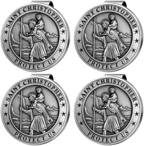 PloreWay St Christopher Medal for Car 4 Pack, Metal Saint Christopher Visor Clip, Talisman for Safety, Automotive Visor Accessories, Gift for Drivers, Families, Friends