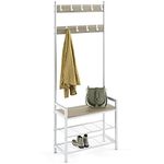 Ballucci 3-in-1 Coat Rack Shoe Rack Bench and Hall Tree Entryway Organizer, Free Standing, Natural Wood Look with 9 Metal Hooks and Steel Frame - White