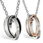 JewelryWe 2pcs Her King His Queen Stainless Steel Couple Interlocking Double Rings Necklaces Set, Two Chains