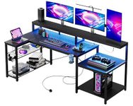 Bestier 181CM Gaming Desk with Power Outlets LED Lights L Shaped Corner Desk with Long Monitor Stand Large Computer Desk with Storage Shelf Cup Holder Headset Hooks Ideal for Gaming Room