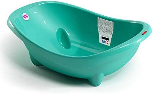 Okbaby Laguna Wide and Spacious Baby Large Bath Tub with Water Drain Plug 0-12 Months Anti Slip Built-in Digital Thermometer and Safe Water Level Non Slip Base Baby Bathing Essential,Turquoise