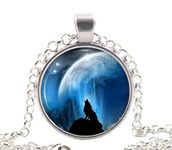 Black Howling Wolf Necklace Pendant, Silver Blue Fantasy Jewelry Animal Gifts for her