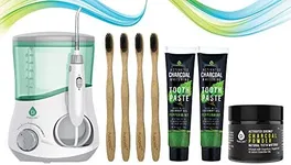 Pursonic OI-200 Professional Counter Top Oral Irrigator Water Flosser with 4 100% Natural Eco Bamboo Toothbrushes, 2 Charcoal Whitening Toothpaste & Activated Coconut Charcoal Powder Teeth Whitener