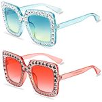 HEAWAA 2Pcs Oversized Rhinestone Sunglasses, Unisex Square Glasses Thick Frame Diamonds Sunglasses for Women Men Girls Traveling Shopping Party Outdoor Activities Accessories