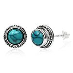 Tibetan Turquoise Earrings 8mm Round 925 Sterling Silver Post Stud Earrings Gemstone Earring Hypoallergenic Handmade Earrings for Women Trendy Fashion