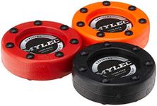 Mylec Hockey Pucks for Outdoor Hockey, Made with PVC, Hockey Stuff with Graphite Reinforced Shaft & Nylon Glides, Training Pucks for Street Hockey (110gm, Pack of 3-Black, Orange & Red)