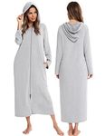 HALCYEEN Womens Hooded Zipper Bathrobe Long Sleeve House Coat Full Length Nightgown with Pockets S-XXL, Light Grey, XX-Large