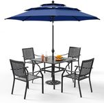 PHI VILLA 5 PCS Outdoor Dining Set with Umbrella for 4, Metal Steel Square Dining Table & Stacking Chais & 3-Tier Round Umbrella, Dining Furniture Set for Patio, Deck, Yard and Porch